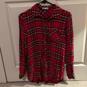 WOMEN’S Maurices Metallic Red Plaid Button Down Tunic Shirt